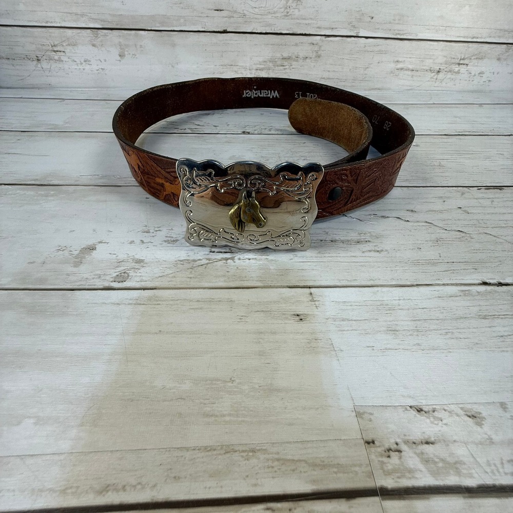 Wrangler Brown Tooled Leather Western Horse Belt Silver Trophy Buckle Size 28